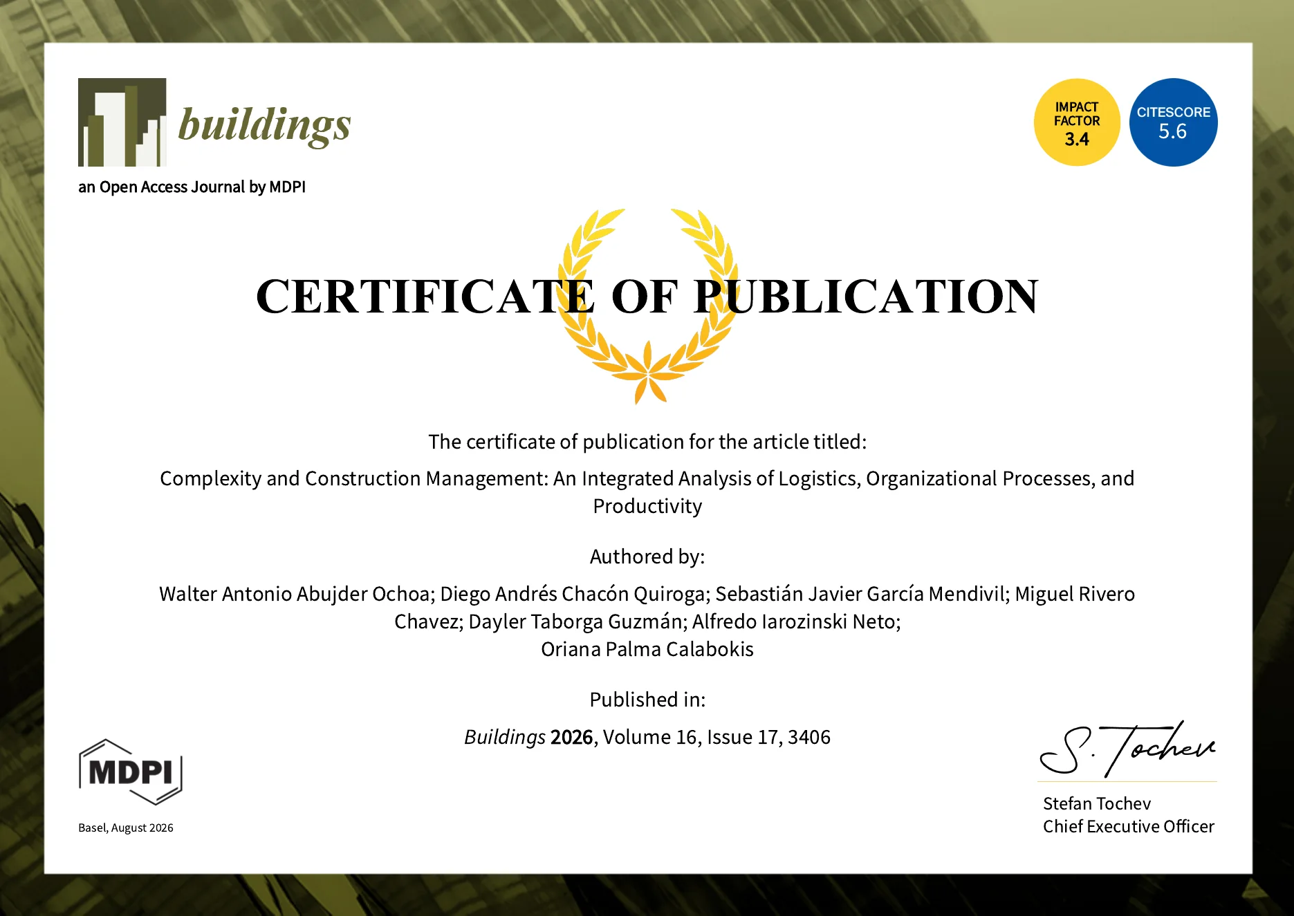 Certificado oficial de publicación emitido por MDPI para el artículo en Buildings