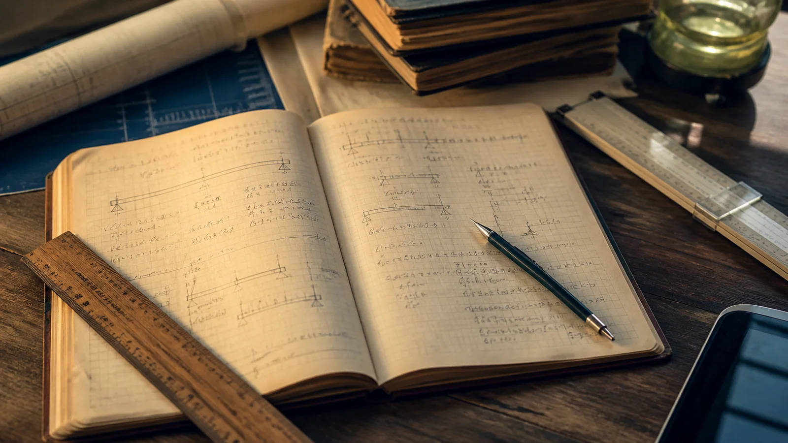 Cuaderno antiguo con cálculos estructurales hechos a mano y herramientas de ingeniería