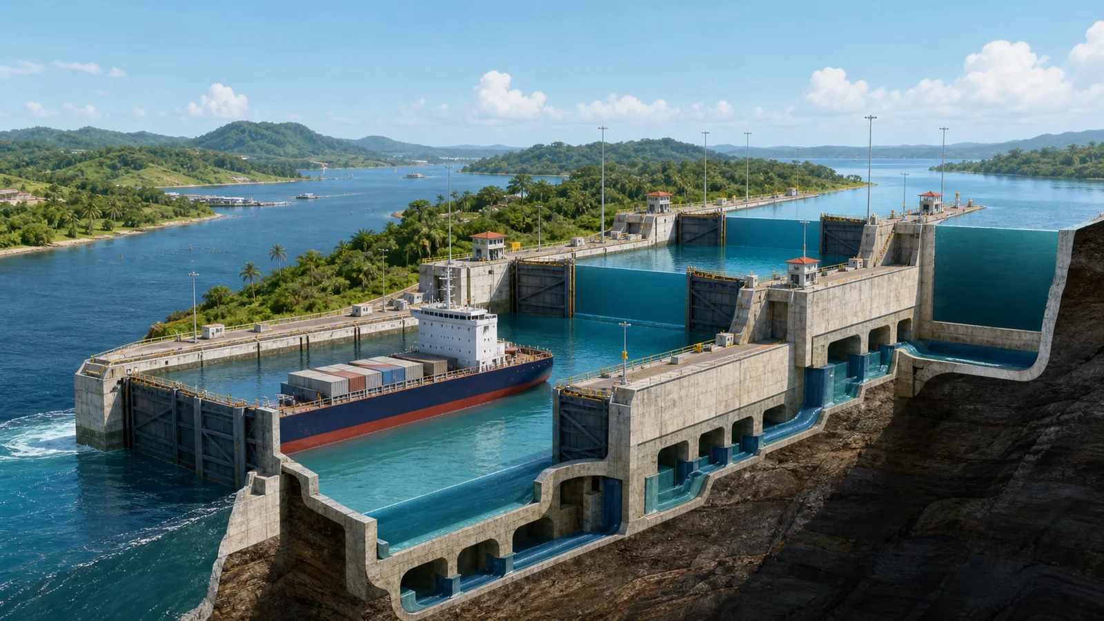 Cutaway visualization of Panama Canal lock chambers raising a ship with gravity-fed water