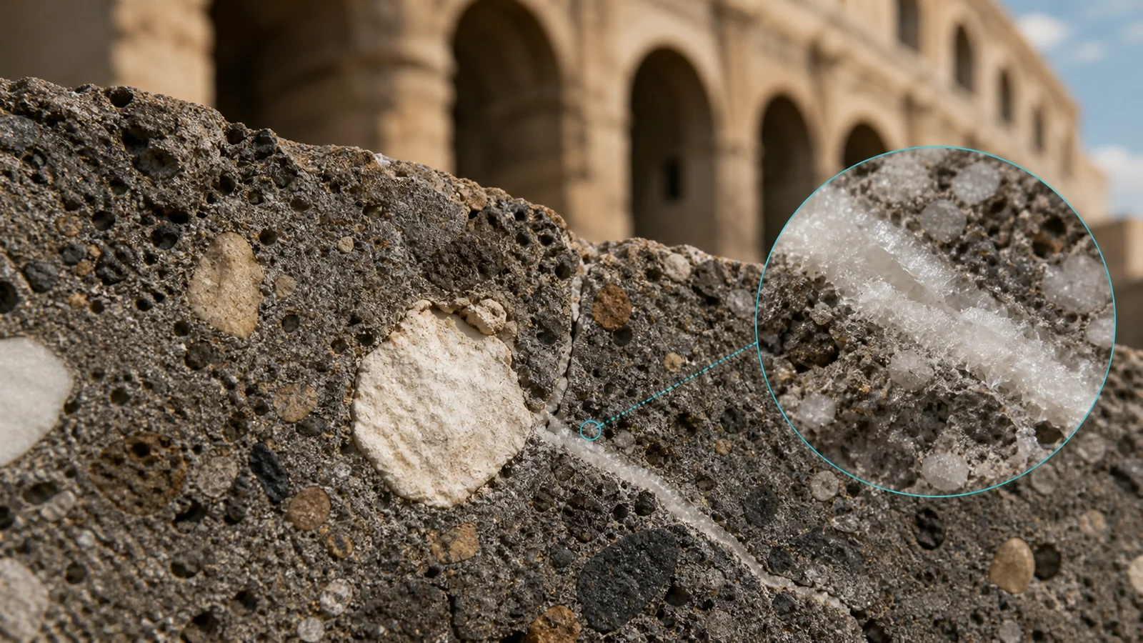 Corte de concreto romano con agregados, clastos de cal y una fisura rellena con calcita
