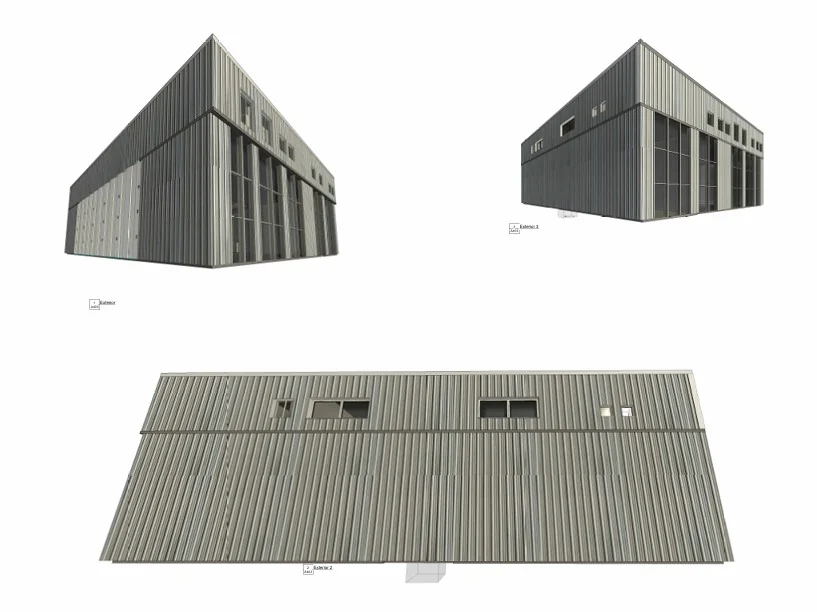 Exterior BIM elevations and three-dimensional views of an aircraft hangar